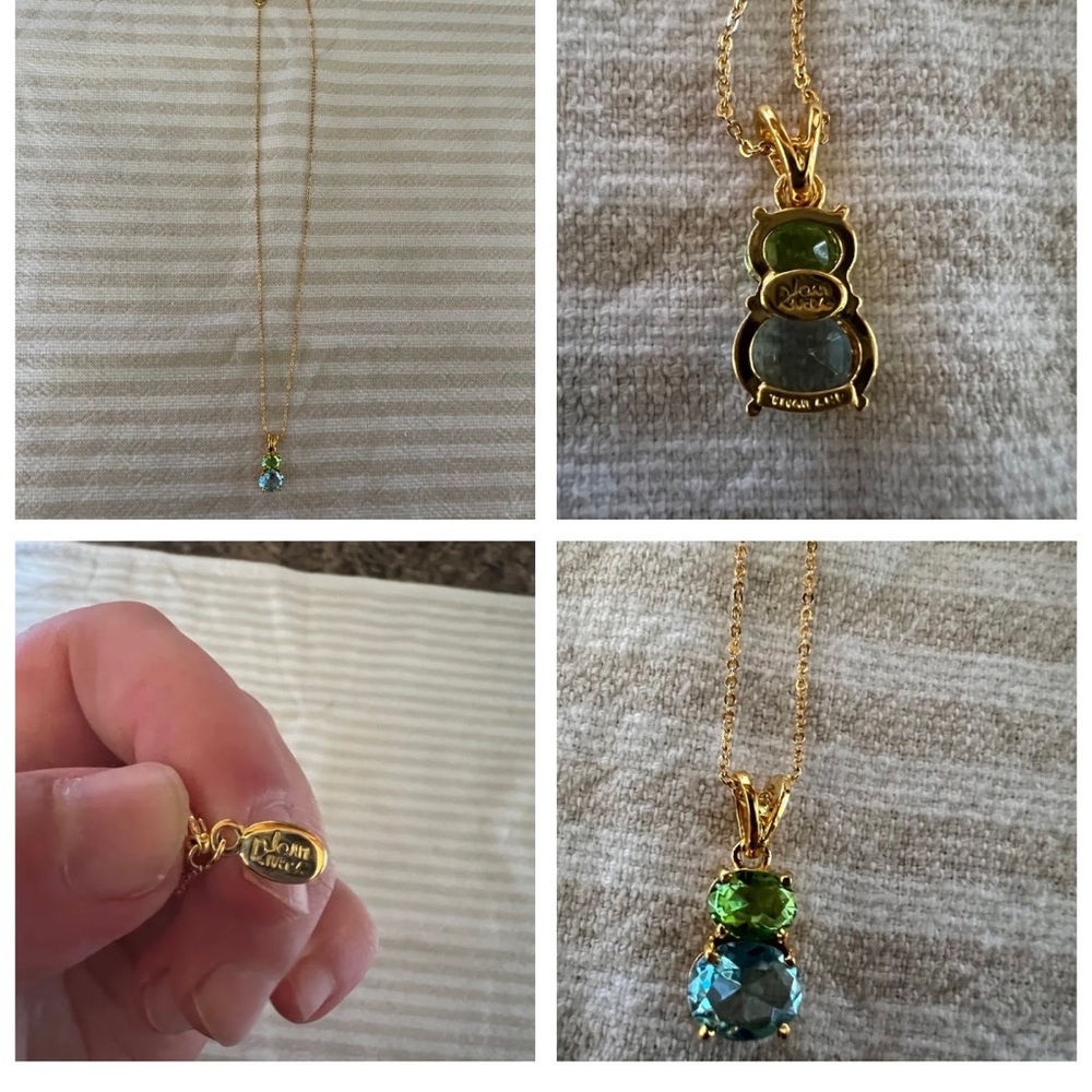 Joan Rivers necklace with blue and green stones on a gold chain
